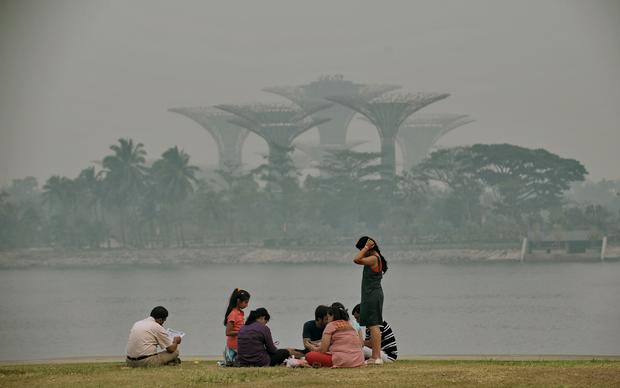 A group of people sit along the bay as the Garden by the Bay's Super Trees are shrouded by haze in Singapore