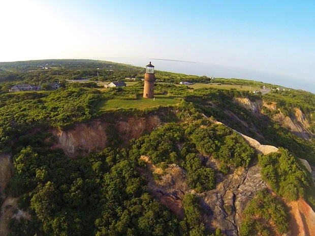 The Gay Head Cliffs lighthouse in Martha's Vineyard sits on eroding cliffs.