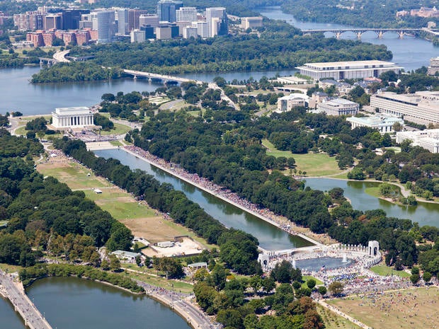 A massive crowd extends from the Lincoln Memorial in Washington Aug. 24, 2013, during an event commemorating the 50th anniversary of the historic March on Washington in this aerial picture from AirPhotosLIVE.