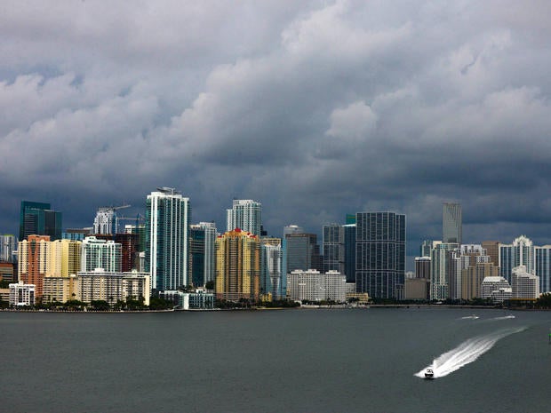 Downtown Miami is engulfed in storm clouds as Tropical Storm Karen heads toward Florida's Panhandle Oct. 3, 2013.