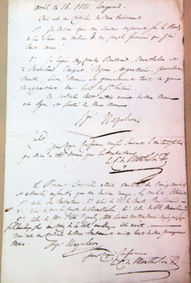 A copy of Napoleon's will is displayed at an auction house in Paris