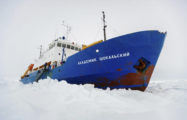 The Russian ship MV Akademik Shokalskiy is trapped in thick Antarctic ice 1,500 nautical miles south of Hobart, Australia, Dec. 27, 2013, in this picture provided by Australasian Antarctic Expedition/Footloose Fotography. 