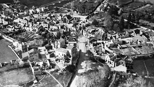 An aerial view of the destroyed Oradour-sur-Glane, France, is seen Jan. 1, 1953. In total, 642 men, women and children were killed in reprisal for the French Resistance's kidnapping of a German soldier.