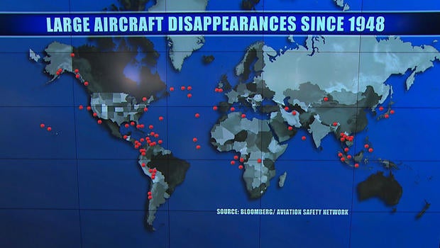 A map shows 83 large-aircraft flights that have disappeared since 1948, according to research by Bloomberg news.