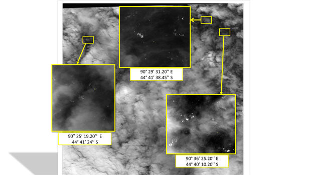 A satellite image shows debris in the southern Indian Ocean March 23, 2014, during the search for Malaysia Airlines Flight 370. They were revealed to public on March 26, 2014. 