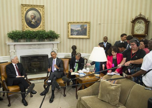 President Obama and Vietnamese General Secretary Nguyen Phu Trong meet in the Oval Office of the White House in Washington July 7, 2015.