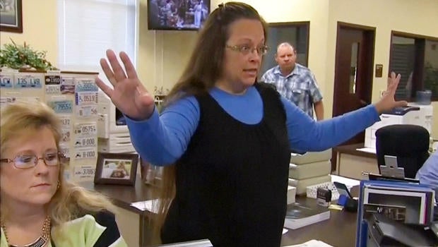 Rowan County Clerk Kim Davis gestures as she refuses to issue marriage licenses to a same-sex couple in Morehead, Kentucky, Sept. 1, 2015, in a still image from video provided by WLEX.