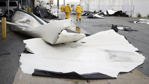 Wind damage by a possible tornado is seen at a commercial building in Vernon, California, Jan. 5, 2016.