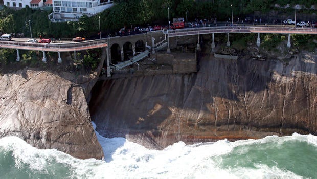 An aerial view of a bike lane that collapsed on April 21, 2016, in Rio de Janeiro, Brazil.