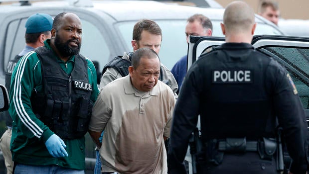 Police take Eulalio Tordil, 62, a suspect in three fatal shootings in the Washington, D.C., area into custody in Bethesda, Md., May 6, 2016.