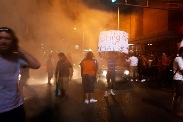 Protesters block streets following Donald Trump rally and speech at Albuquerque Convention Center on May 24, 2016