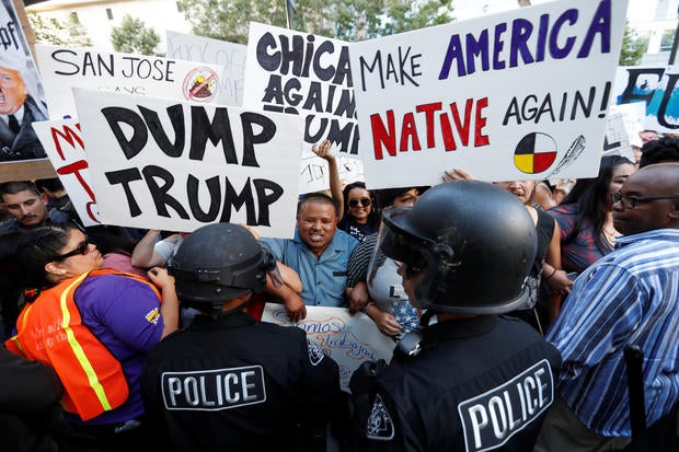 Protester chants during demonstration outside Donald Trump campaign rally in San Jose, California, on June 2, 2016