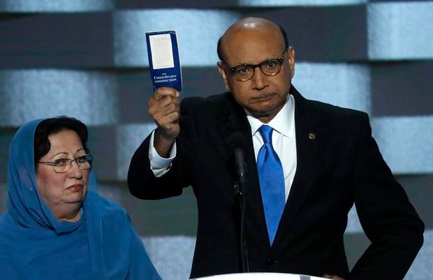 Khizr Khan, whose son, U.S. Army Capt. Humayun Khan, was one of 14 American Muslims who died serving in the U.S. Army in the 10 years after the 9/11 attacks, offers to loan his copy of the Constitution to Republican presidential nominee Donald Trump, as h