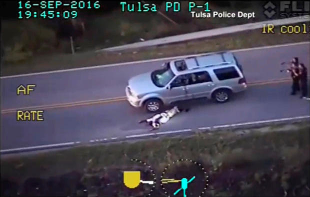 A still image captured from an aerial video from the Tulsa Police Department shows Terence Crutcher after being shot during a police shooting incident in Tulsa, Oklahoma, on Sept. 16, 2016. 