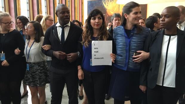 Opponents of the appointment of Wonder Woman as the U.N. honorary ambassador for the empowerment of women and girls demonstrate at the United Nations on Oct. 21, 2016.