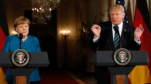President Trump speaks as he holds a joint news conference with German Chancellor Angela Merkel in the East Room of the White House in Washington March 17, 2017.
