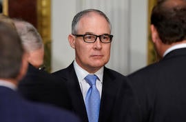 Administrator of the Environmental Protection Agency Scott Pruitt stands after the swearing-in ceremony for US Ambassador to Canada Kelly Knight Craft in Washington
