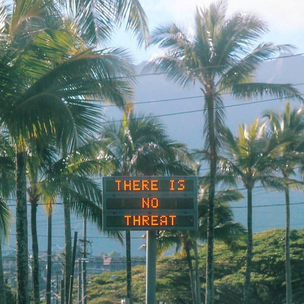 An electronic sign reads "There is no threat" in Oahu, Hawaii, U.S.