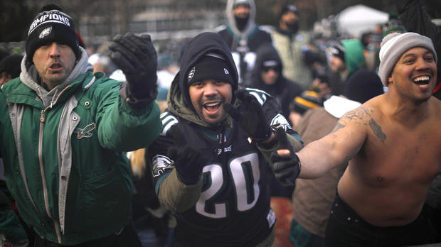 Fans of the Philadelphia Eagles cheer ahead of the team's Super Bowl championship parade on Feb. 8, 2018, in Philadelphia, Pennsylvania. 