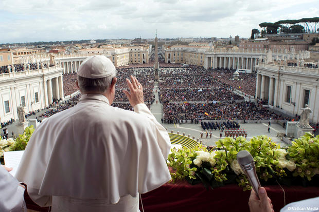 Pope Francis appears before delivering his Easter message in the Urbi et Orbi (to the City and the World) address from the balcony overlooking St. Peter's Square at the Vatican 