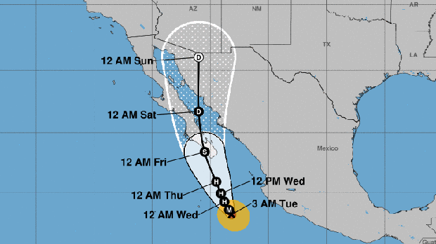 A graphic from the National Weather Service shows Hurricane Bud's projected path as of 5 a.m. ET on June 12, 2018. Times displayed are MT. 