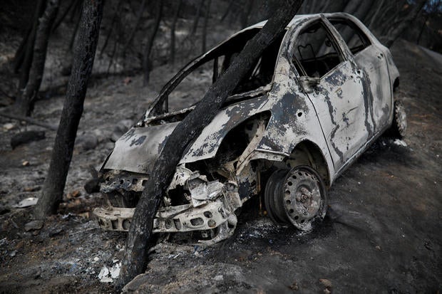 A burned car is stuck under a burned tree following a wildfire in Neos Voutzas, near Athens