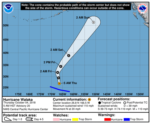 A map of the Central Pacific Hurricane Center shows the projected trajectory of Hurricane Walaka beginning at 11 am ET on October 4, 2018. 