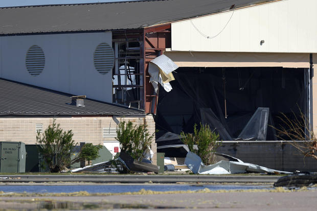 An aircraft hangar damaged by Hurricane Michael is seen at Tyndall Air Force Base 