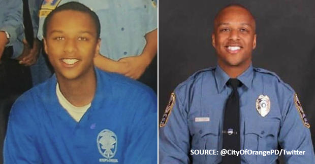 Antwan Toney as a police Explorer with the City of Orange at age 17 (L) and as an officer with the Gwinnett County, Georgia Police Dept. (SOURCE: @CityOfOrangePD/Twitter) 