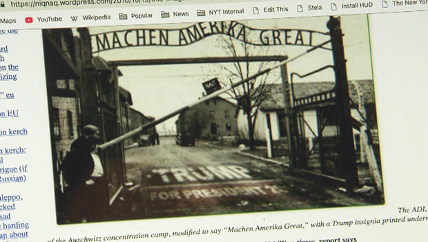 A Photoshopped image of the entrance to a Nazi death camp, posted online by a supporter of presidential candidate Donald Trump. CBS NEWS