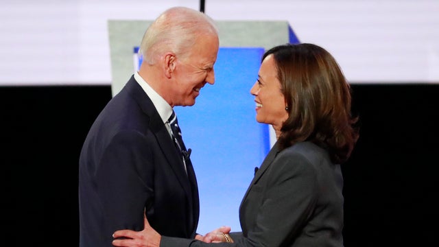 Former Vice President Biden and Senator Harris shake hands before the start of the second night of the second U.S. 2020 presidential Democratic candidates debate in Detroit, Michigan, U.S.