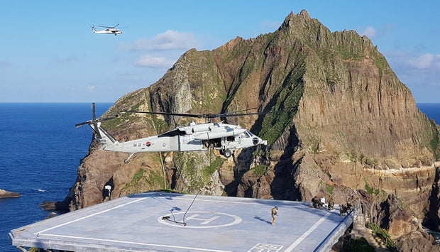 Members of South Korean Marine Corps take part in a military exercise in remote islands called Dokdo