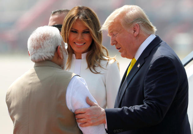 President Trump and first lady Melania Trump are welcomed by Indian Prime Minister Narendra Modi as they arrive at Sardar Vallabhbhai Patel International Airport in Ahmedabad, India on February 24, 2020. (Credit: ALEXANDER DRAGO / REUTERS)