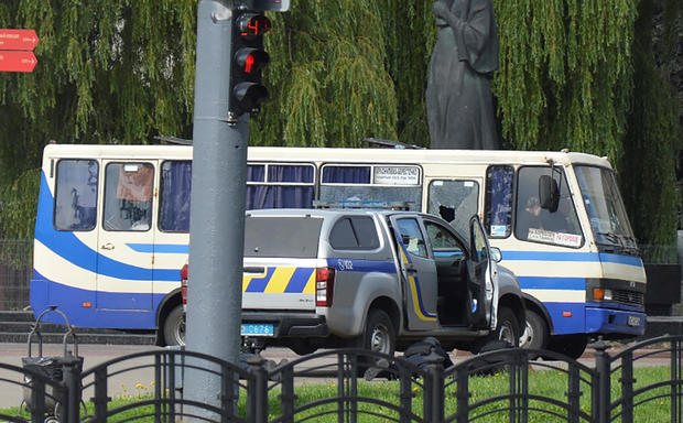 A view shows a passenger bus seized by an unidentified person in Lutsk 