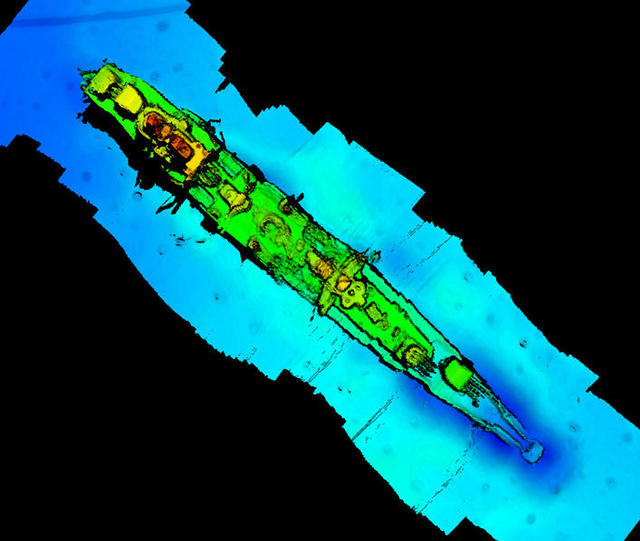 A sonar scan of sunken German WWII warship cruiser "Karlsruhe" that had been observed 13 nautical miles from Kristiansand 