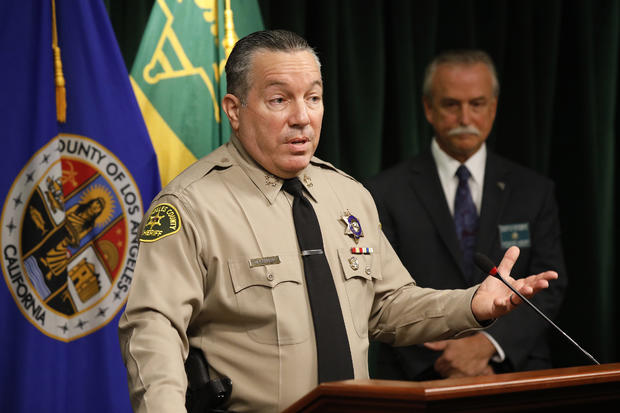 Los Angeles County Sheriff Alex Villanueva announces an arrest of the suspect in the ambush shooting of two on-duty deputies who were sitting in their marked patrol car at the Metro Blue Line station in Compton September 12, 2020. 