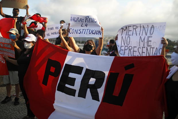 People rally after Peruvian interim President Merino resigned, in Rio de Janeiro 