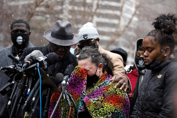 Katie Wright, Daunte Wright's mother, breaks down during a press conference outside the Hennepin County Government Center in Minneapolis, Minnesota, April 13, 2021. 