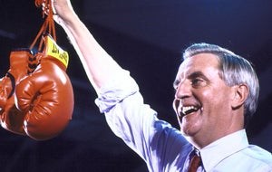 Dem Pres candidate Walter Mondale on the stump holding