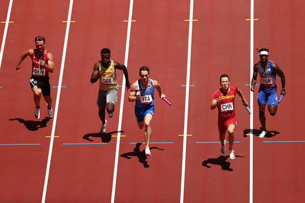 Men's 4x100m Relay heats on day thirteen of the Tokyo 2020 Olympic Games 