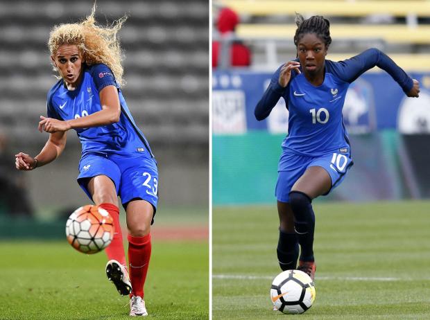 This combination of file photographs shows France's midfielder Kheira Hamraoui, left, on September 20, 2016, and France's midfielder Aminata Diallo on March 1, 2018. 