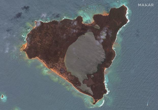 A satellite image shows the Nomuka island after Hunga Tonga-Hunga Ha'apai volcano eruption, in  Tonga 