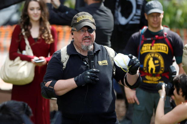 Oath Keepers founder, Stewart Rhodes, speaks during the Patriots Day Free Speech Rally in Berkeley 