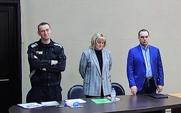 Jailed Russian opposition leader Alexei Navalny attends a court hearing in Pokrov 
