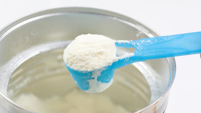 Powder milk and blue spoon on light background close-up 