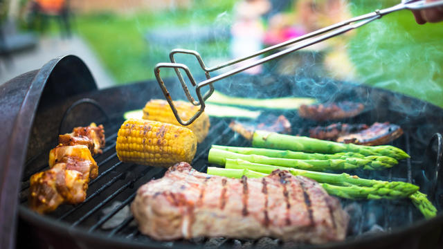 Meat And Vegetables On Barbecue Grill 